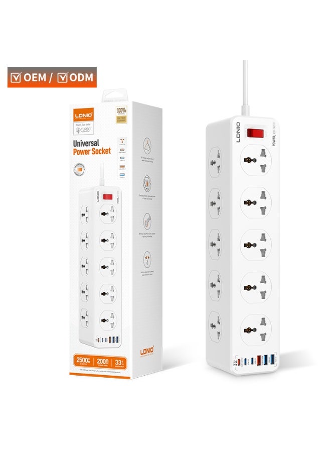 LDNIO SC10610C Universal Power Strip with 10 AC Outlets & 6 USB Ports (33W PD + QC3.0), 2500W Surge Protection Extension Socket, 2M Heavy Duty Cable , White - Image 2